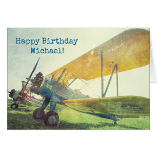 "Preflight" Biplane Aeroplane Happy Birthday Card