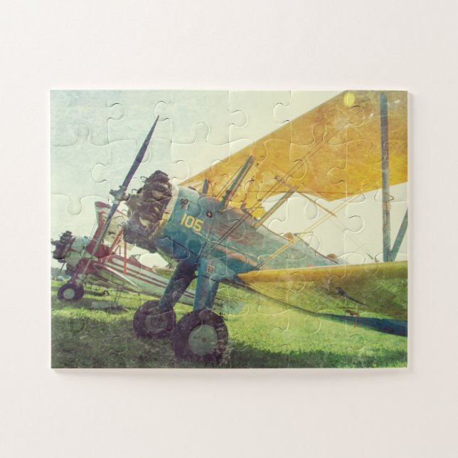 "Preflight Biplane" Retro Aeroplane Oversized Jigsaw Puzzle (Horizontal)