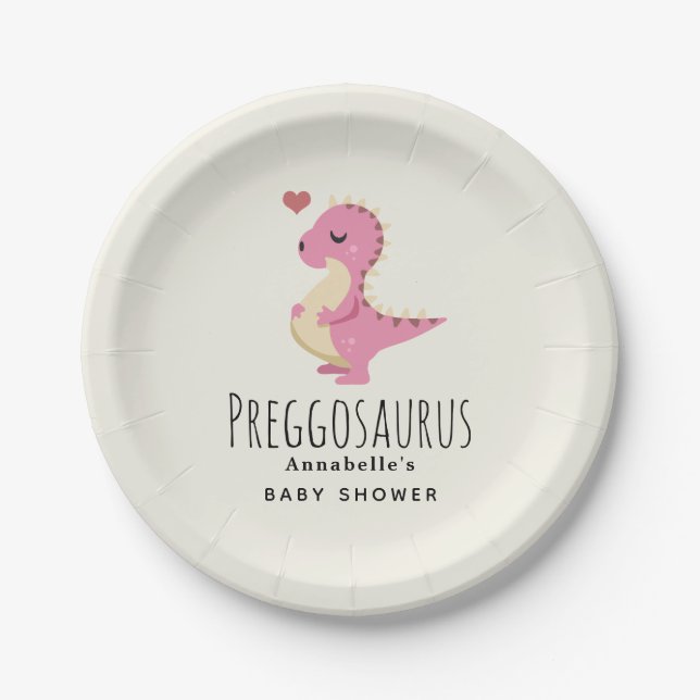 Preggosaurus Cute Dinosaur Girl Baby Shower Paper Plate (Front)