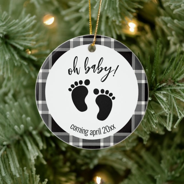 Pregnancy Announcement Black Tartan Christmas Ceramic Ornament (Tree)