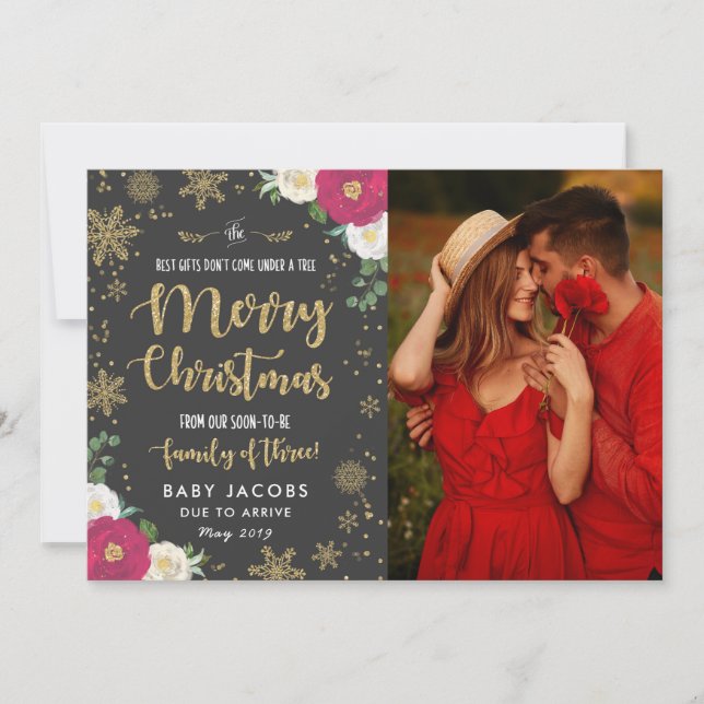 Pregnancy Announcement Christmas Photo Card Floral (Front)