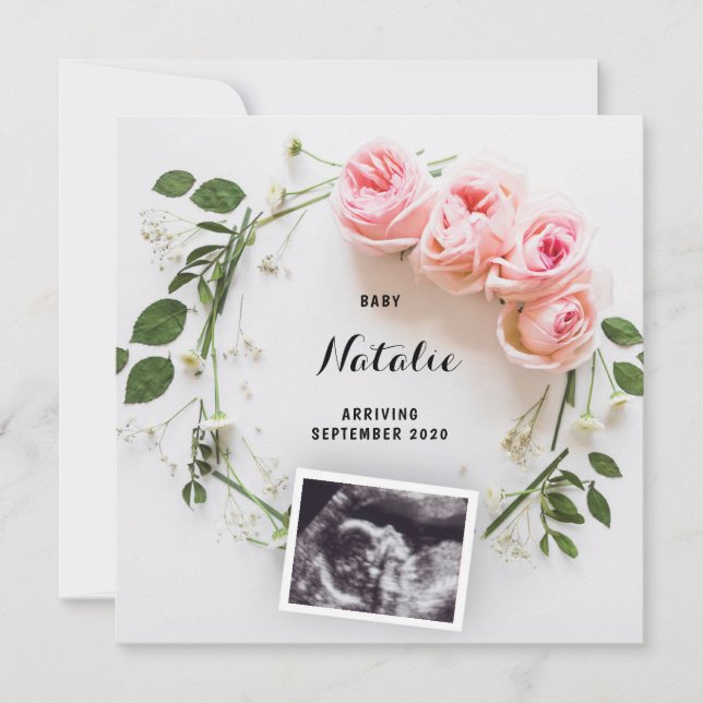Pregnancy Announcement Pink Floral Wreath Card (Front)