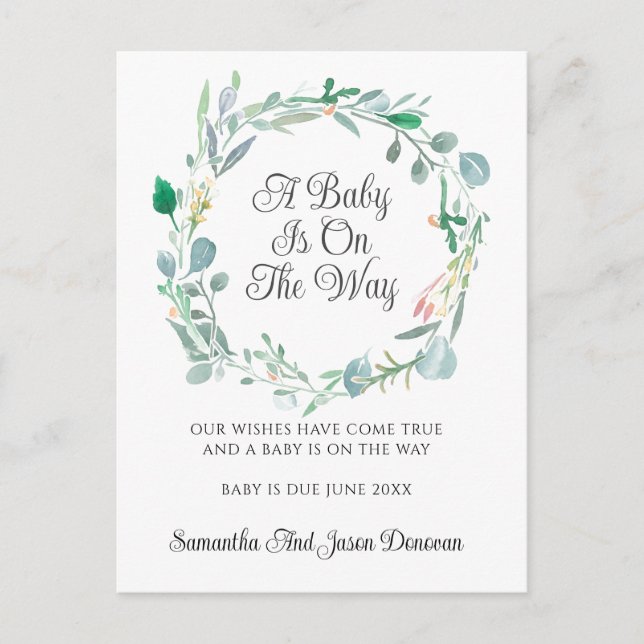 Pregnancy Announcement Pink Green Floral Wreath (Front)