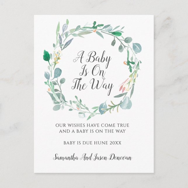 Pregnancy Announcement Pink Green Floral Wreath (Front)