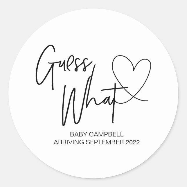 Pregnancy Announcement Reveal Guess What Baby Classic Round Sticker (Front)