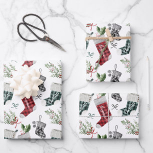 Pregnancy Announcement Watercolor Family Stockings Wrapping Paper Sheet