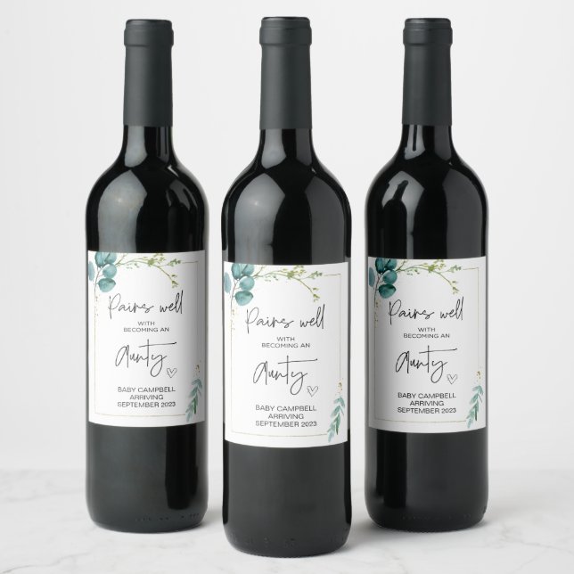 Pregnancy Baby Announcement Aunt to Be New Aunty W Wine Label (Bottles)