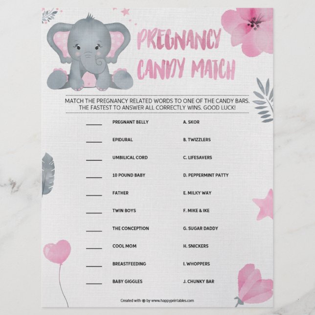 Pregnancy Candy Match [Baby Elephant [Pink]] Custom Letterhead (Front)