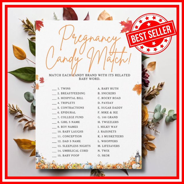PREGNANCY CANDY MATCH Baby Shower Game PUMPKIN Invitation (PREGNANCY CANDY MATCH Easy Baby Shower Game A Little Pumpkin is on the Way Fall Autumn Theme)