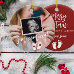 Pregnancy Merry Christmas baby ultrasound photo Ceramic Ornament<br><div class="desc">Modern funny I'm coming see your soon script,  footprints,  and hearts new baby expecting keepsake Merry Christmas from mummy's tummy red tree ornament with your custom ultrasound photo.</div>