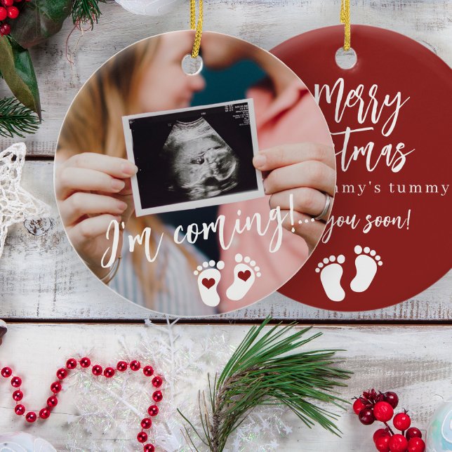 Pregnancy Merry Christmas baby ultrasound photo Ceramic Ornament (Creator Uploaded)