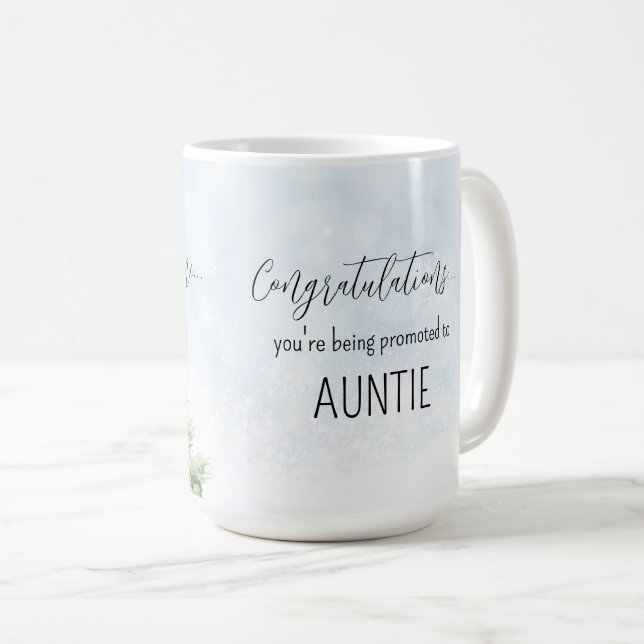 Pregnancy Reveal Promoted to Auntie Winter Baby Coffee Mug (Front Right)