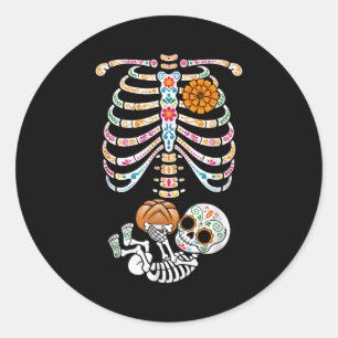 Pregnancy Skeleton Dia De Los Muertos Mexican Bell Classic Round Sticker