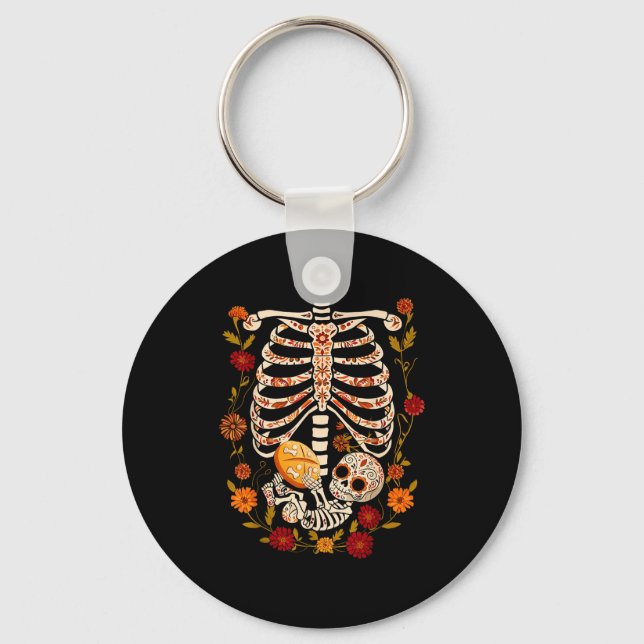 Pregnancy Skeleton Dia De Los Muertos Mexican Bell Key Ring (Front)