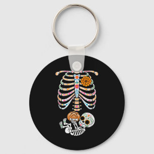 Pregnancy Skeleton Dia De Los Muertos Mexican Bell Key Ring