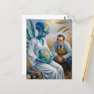Pregnant Alien With Wings in Wheat Field Surreal Postcard