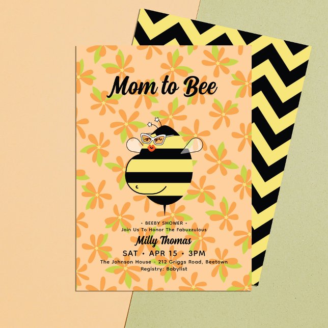 Pregnant Bee w/glasses Orange Floral Baby Shower Invitation (Creator Uploaded)