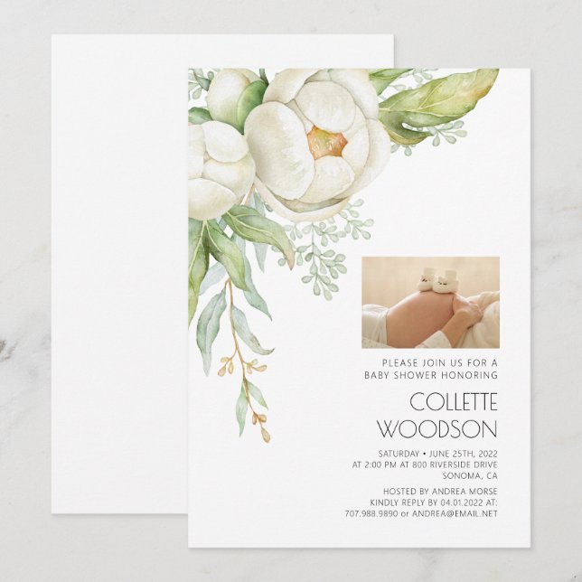 Pregnant Belly Floral Photo Baby Shower Invitation (Front/Back)