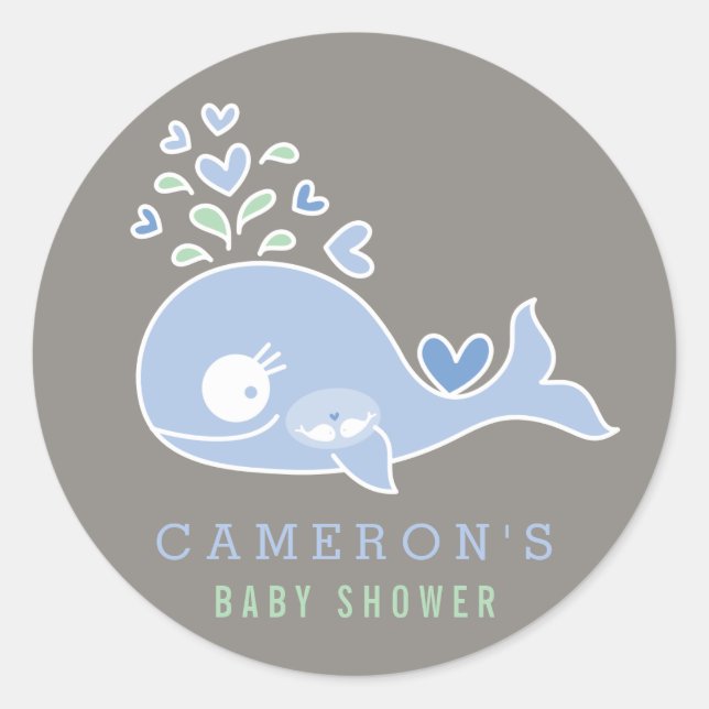 Pregnant Blue Whale Twin Boys Baby Shower Sticker (Front)