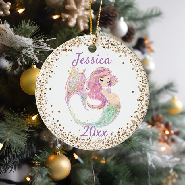 Pregnant Expecting Mermaid Gold Confetti Ceramic O Ceramic Ornament (Creator Uploaded)