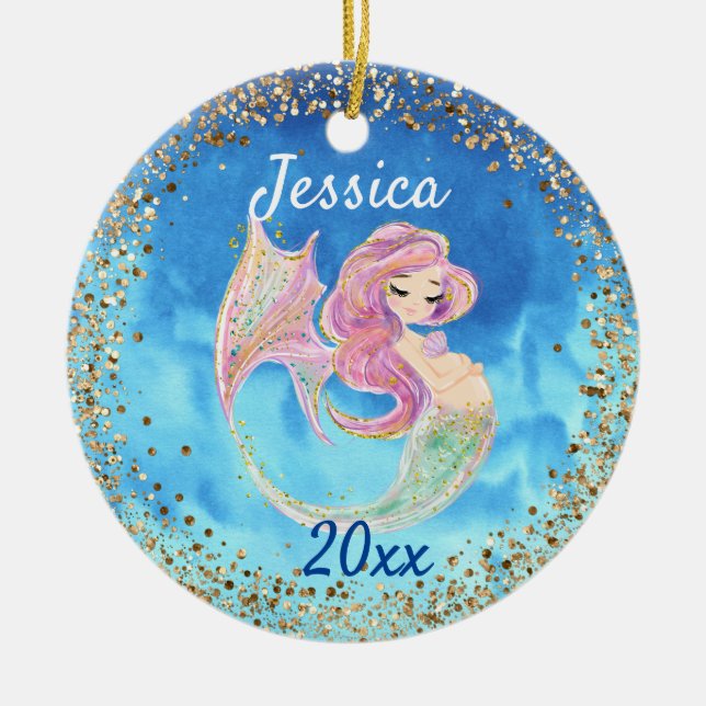 Pregnant Expecting Mermaid Gold Confetti Ceramic Ornament (Front)