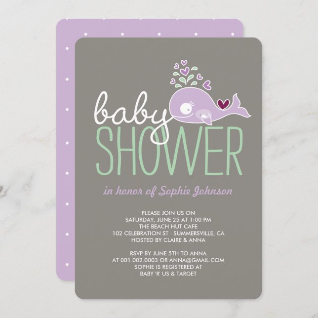 Pregnant Lilac Mummy Whale Girl Baby Shower Invite (Front/Back)