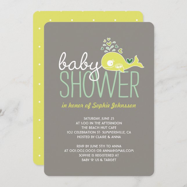 Pregnant Lime Whale Twins Boy & Girl Baby Shower Invitation (Front/Back)