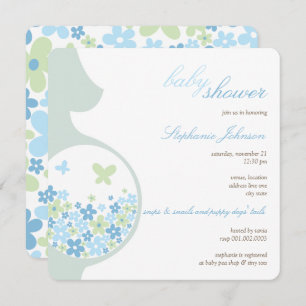 Pregnant Mum And Blue Daisies Chic Boy Baby Shower Invitation