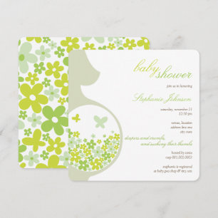 Pregnant Mum And Green Daisies Neutral Baby Shower Invitation