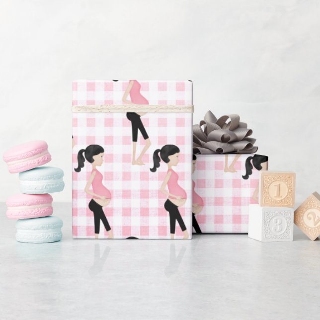 Pregnant Mum On Pink Gingham Wrapping Paper (Baby Shower)