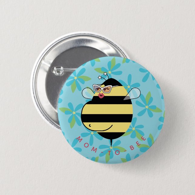 Pregnant Mum-to-Bee with Glasses Teal Blue Floral  6 Cm Round Badge (Front & Back)