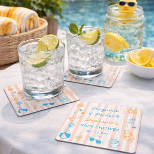 Pregnant & Poolside Summer Pool Party Baby Shower Square Paper Coaster