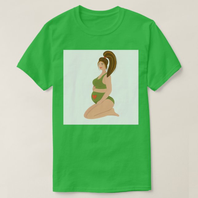 Pregnant redhead woman in swimsuit illustration T-Shirt (Design Front)