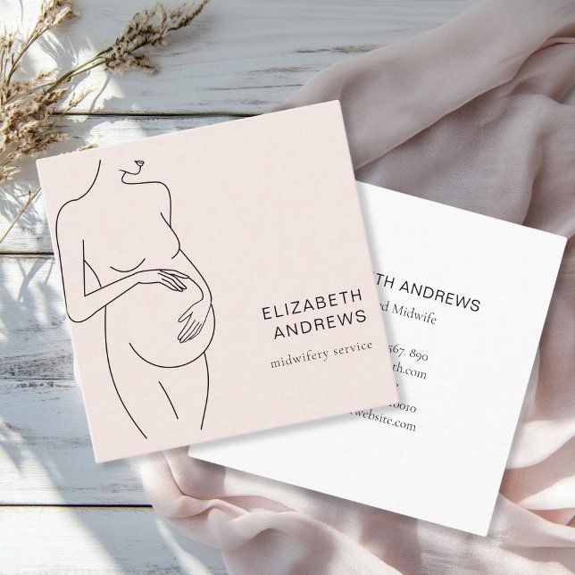 Pregnant Woman Simpel Modern  Square Business Card (Modern, minimalist business card, beige-blush, black. Line Art Illustration, pregnant woman.)