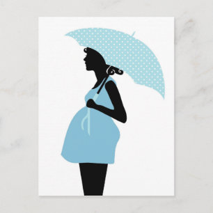 Pregnant Woman with Polka Dot Umbrella Baby Blue Announcement Postcard