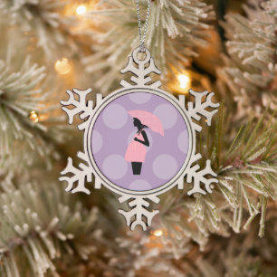 Pregnant Woman with Umbrella - Pink Black Snowflake Pewter Christmas Ornament
