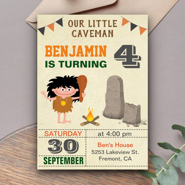 Prehistoric Caveman Kids Birthday Party Invitation (Creator Uploaded)