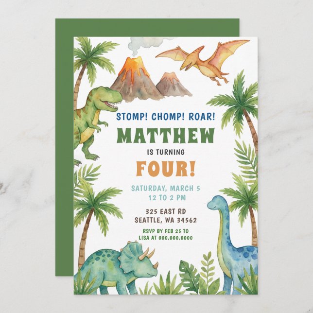 Prehistoric Dinosaur Birthday Party Invitation (Front/Back)