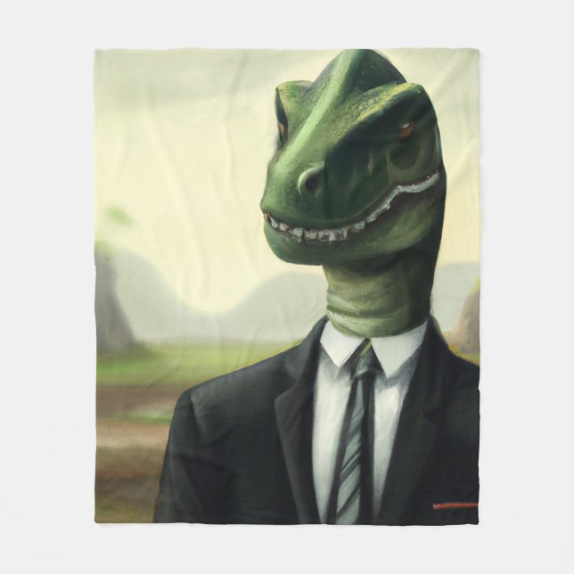 Prehistoric Dinosaur Businessman, Fun AI Generated Fleece Blanket (Front)