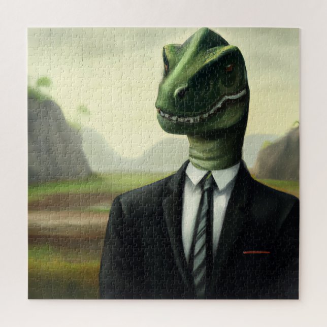Prehistoric Dinosaur Businessman, Fun AI Generated Jigsaw Puzzle (Vertical)