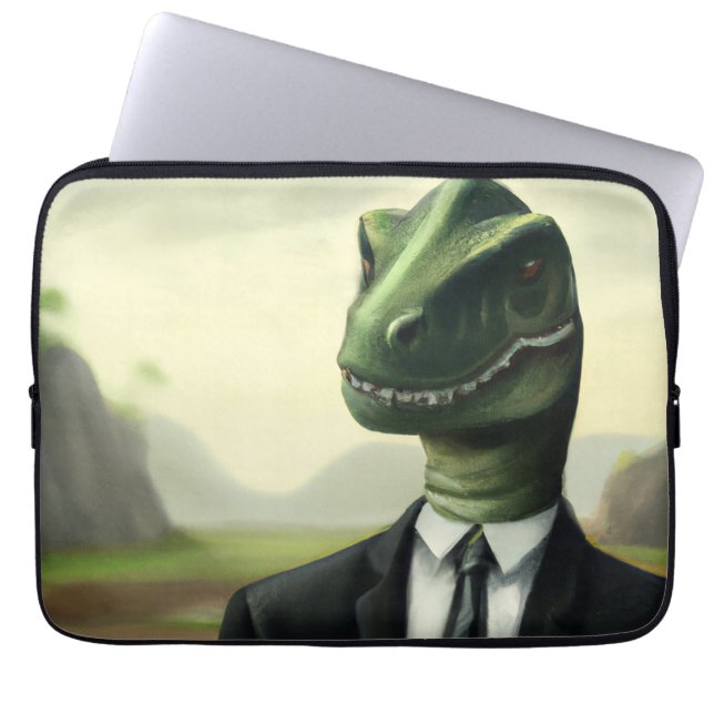 Prehistoric Dinosaur Businessman, Fun AI Generated Laptop Sleeve (Front)