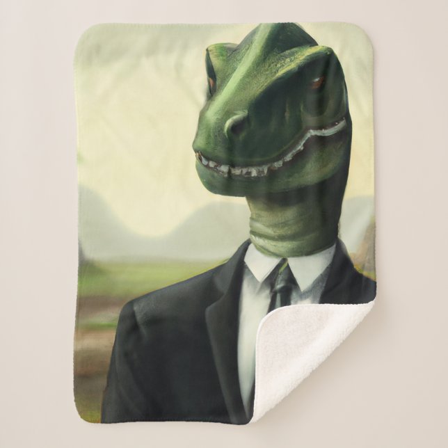 Prehistoric Dinosaur Businessman, Fun AI Generated Sherpa Blanket (Front)