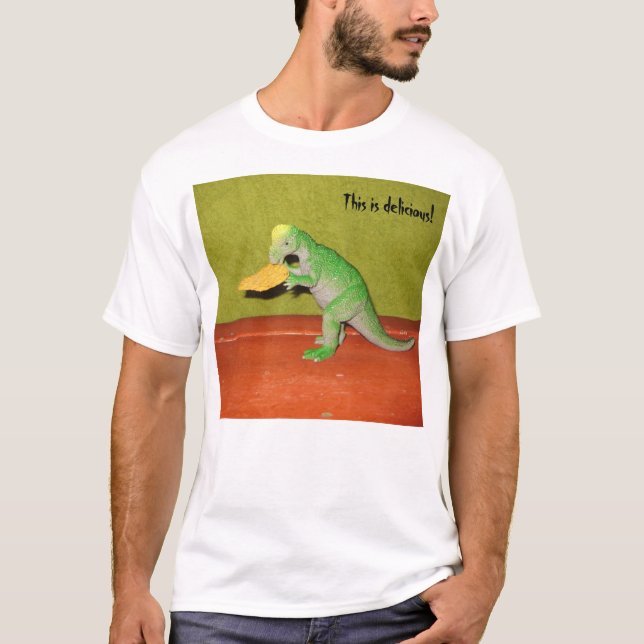 Prehistoric Dinosaur Eating Corn Chip Tee Shirt (Front)