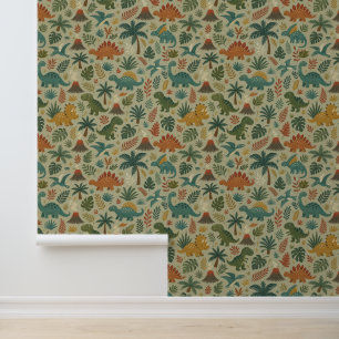 Prehistoric Dinosaur Pattern with Volcanoes Wallpaper