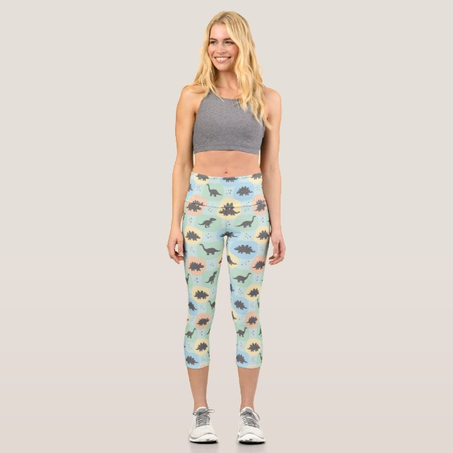 Prehistoric Dinosaur Silhouette Seamless Pattern Capri Leggings (Front)