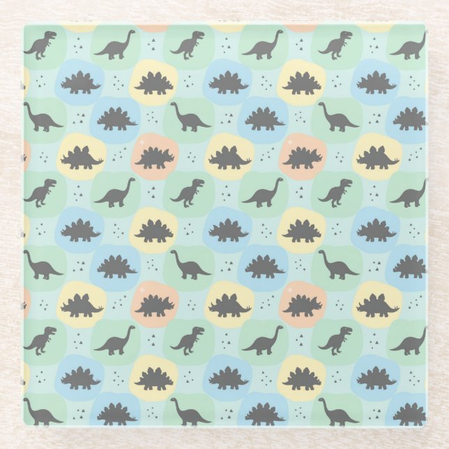 Prehistoric Dinosaur Silhouette Seamless Pattern Glass Coaster (Front)