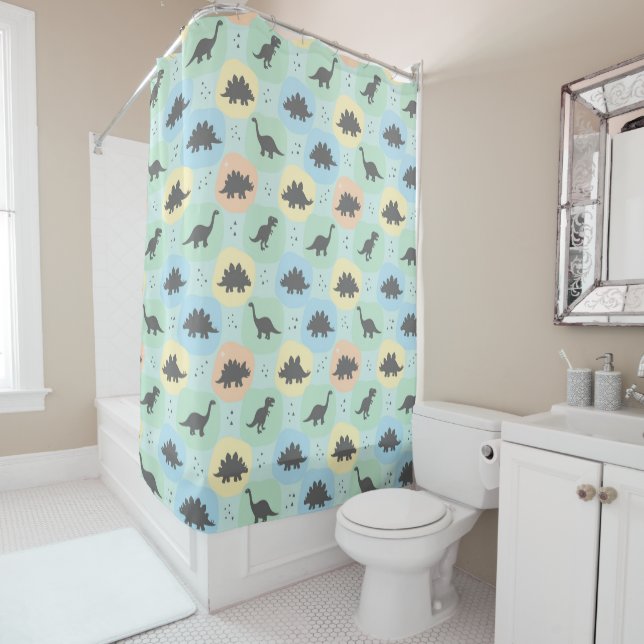Prehistoric Dinosaur Silhouette Seamless Pattern Shower Curtain (In Situ)