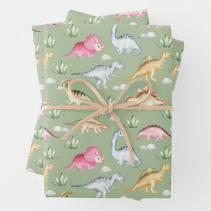 Prehistoric Dinosaurs and Plants Green Wrapping Paper Sheet