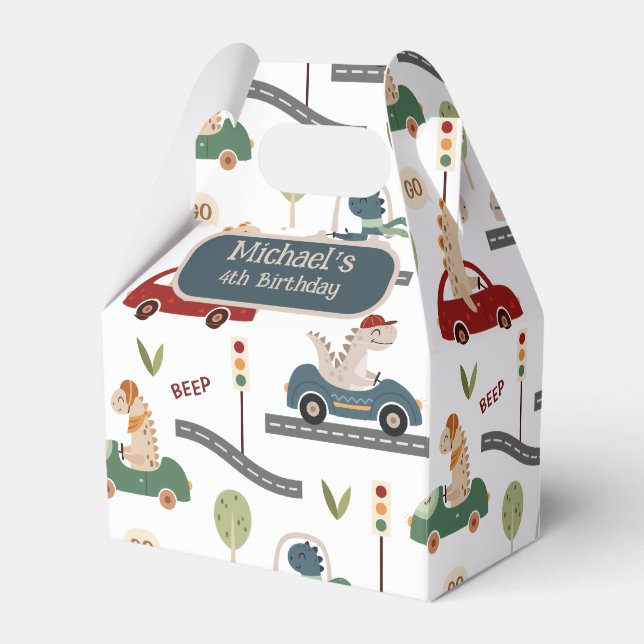 Prehistoric Groups of Colourful Dinosaurs Driving Favour Box (Front Side)