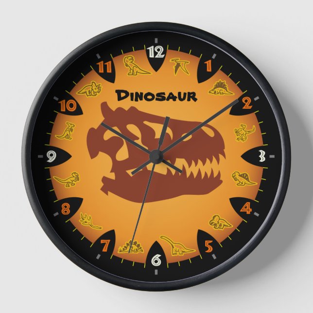 Prehistoric Orange Dinosaur Wall Clock (Front)